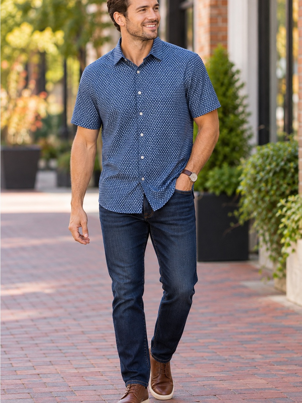 Perry Ellis Mens XXL Blue Geometric Stretch Performance Short Sleeve Shirt